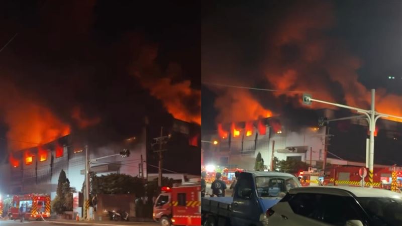 台南廢棄橡膠廠深夜大火!濃煙直衝天際。(圖/翻攝畫面)
