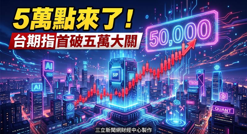 台指期今(5日)上午盤中首度突破5萬點,10時43分報50044點,上漲1375點,漲幅2.83%。台股早盤強勢開出後買盤湧入,加權指數一度大漲逾1100點,站上49000點大關,電子權值股領軍走高。台積電今股價觸及2580元再改寫歷史天價,台達電、聯發科同步走高,權值股全面轉強。(圖/AI製圖)