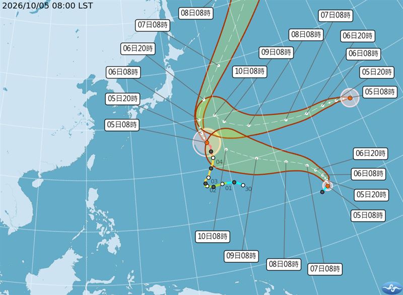 目前太平洋地區有3個颱風,分別是強颱彩雲、中颱諾洛跟輕颱小熊。(圖/中央氣象署)