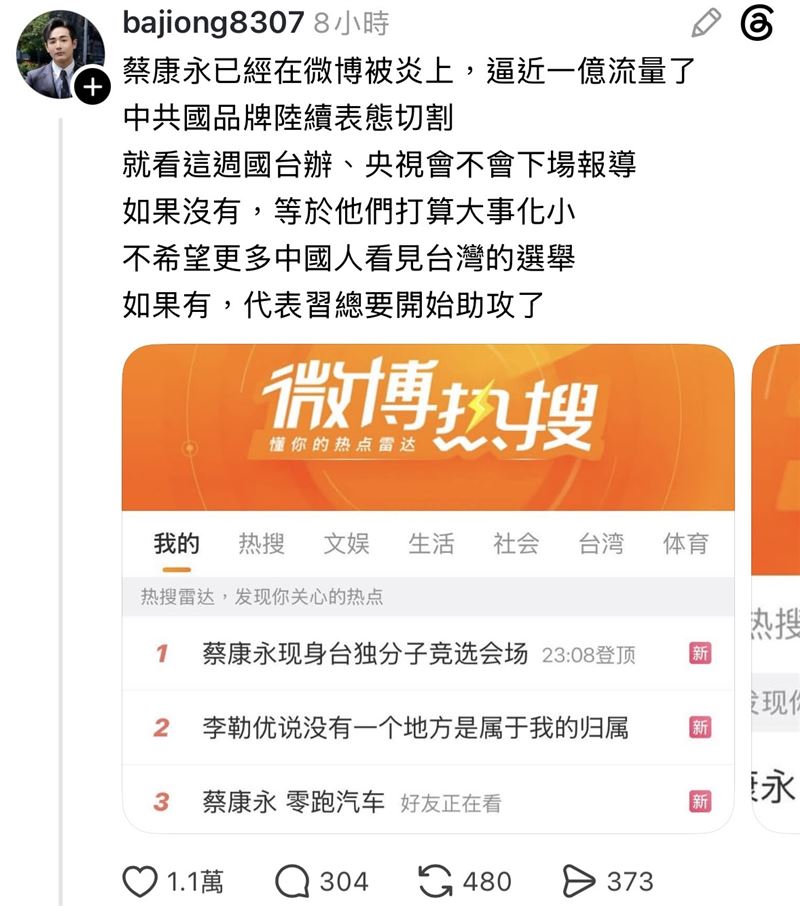 八炯發文談蔡康永相關事件，並預測中國下一步動作。（圖／翻攝自八炯Threads）