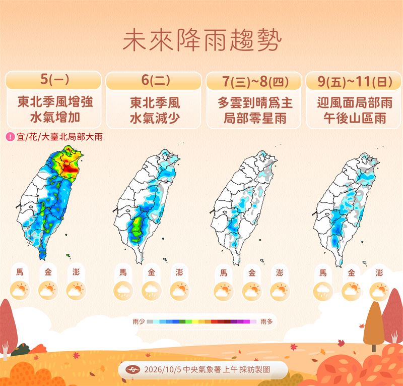 東北季風增強影響,今日是降雨最明顯的時刻。(圖/氣象署)