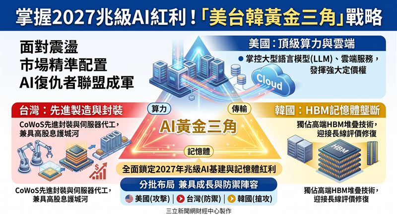 面對美債與油價震盪，市場推出橫跨台美韓的「AI黃金三角」配置策略。透過大華美國MAG7+（009815）、大華優利高填息30（00918）與大華韓國KOSPI 50（009829）三檔旗艦ETF聯手，全面鎖定2027年兆級AI基建與記憶體紅利。（AI製圖）