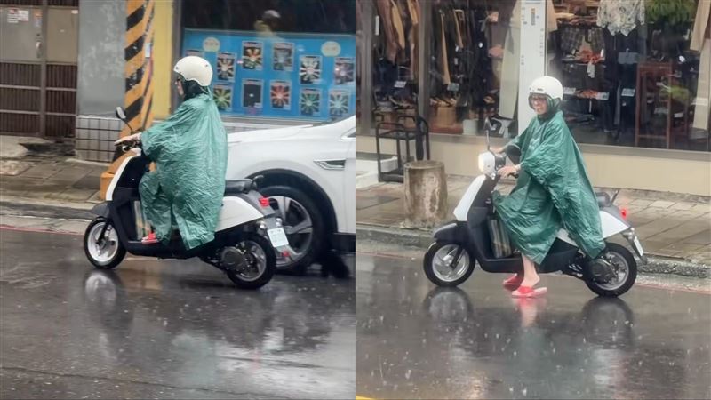 王彩樺穿紅白拖,穿雨衣騎機車。(圖/翻攝自IG)