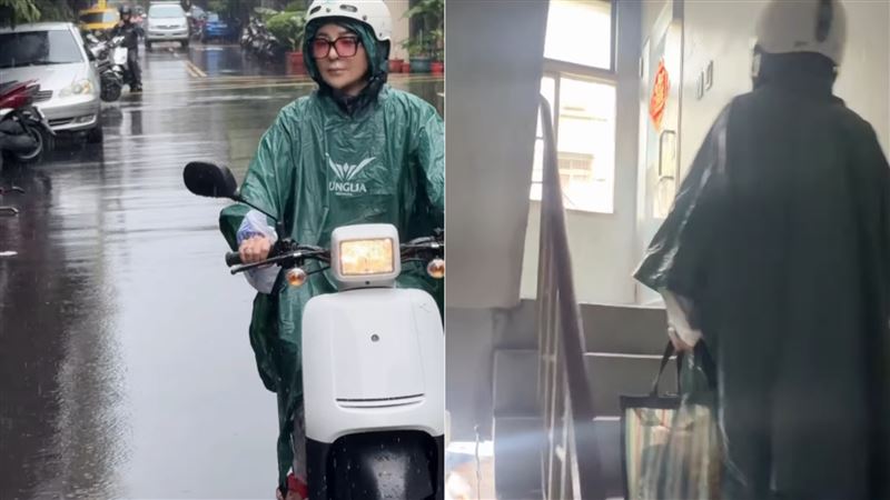 「保庇天后」王彩樺5日分享一段冒雨騎機車的日常影片,她不僅全身包緊緊穿著綠色雨衣,腳踩台味十足的紅白拖。(圖/翻攝自IG @lotuswang1124)