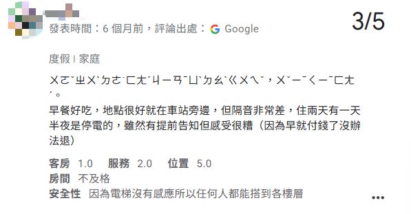 有網友在評論區用注音符號表示,自己住的房間遇到鬧鬼的靈異現象。(圖/翻攝自Google評論)