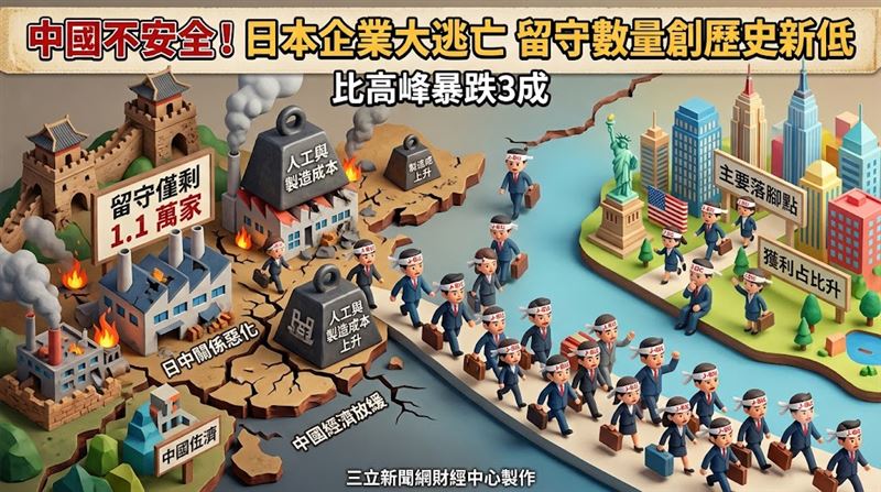 不敵高成本與地緣政治風險,日企加速撤離中國,在中營運數量爆降「創歷史新低」。(圖/三立新聞網財經中心蕭榕AI製圖)