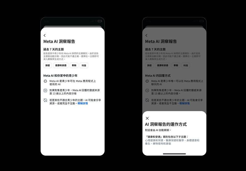 新增「洞察」分頁,讓家長掌握青少年與AI的對話主題。(圖/Meta提供)