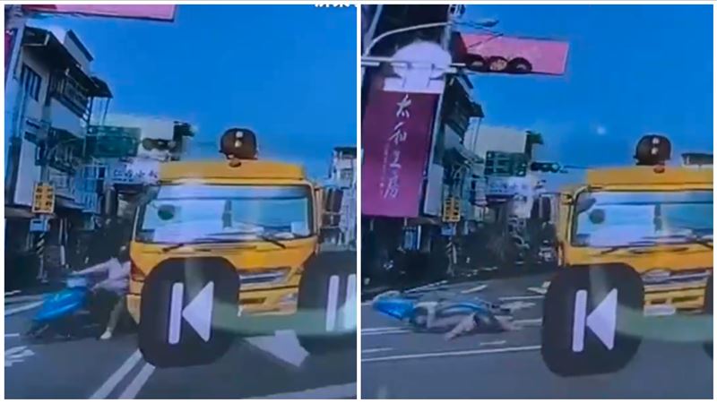 屏東一名陳姓婦人與市公所資源回收車發生碰撞,驚悚撞擊瞬間曝光。(圖/屏東小鎮資訊提供)
