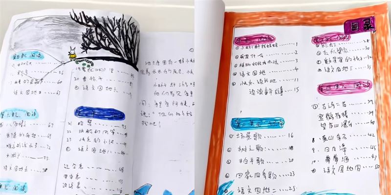 河南一名男童疑因被水弄濕的語文課本怕被家人責罵,自己重新製作,整整花了3天,從課文、插圖到配色,甚至連封底條碼都照著畫,畫面曝光後立刻引爆網路討論。(圖/翻攝自小紅書)