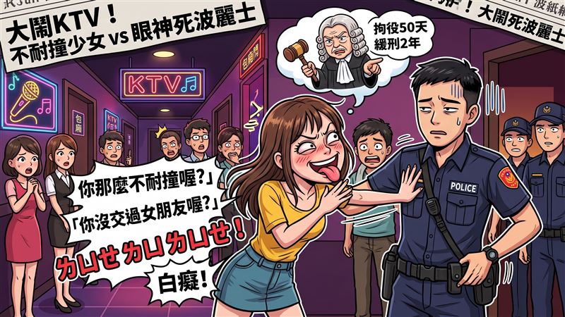 葉女KTV爛醉3度肉身撞警,酸嗆「沒交過女友不耐撞」遭壓制,橋頭地院判拘役50日緩刑2年。(示意圖/AI生成)