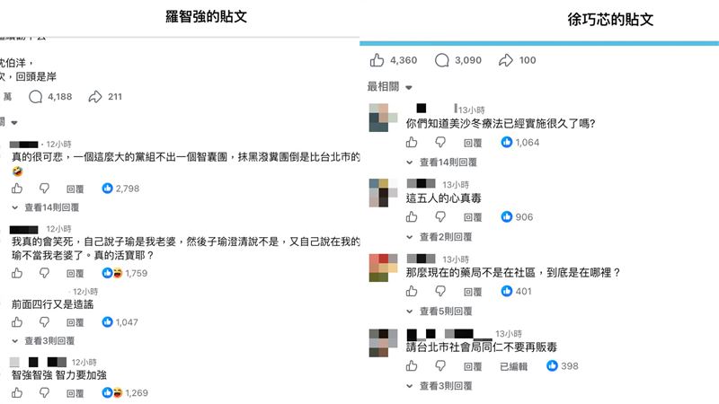 羅智強、徐巧芯「抹毒」沈伯洋,臉書貼文留言被灌爆轟兩人「造謠」。(圖/翻攝自羅智強、徐巧芯臉書)