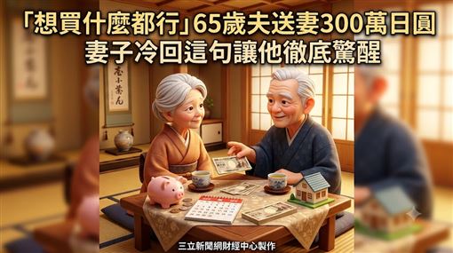 日本老夫妻把退休金中的專款拿來泡溫泉、住好一點的旅館，慢慢累積相處回憶，也讓退休生活多了一份從容與安心感。（圖／三立新聞網財經中心蕭榕AI製圖）