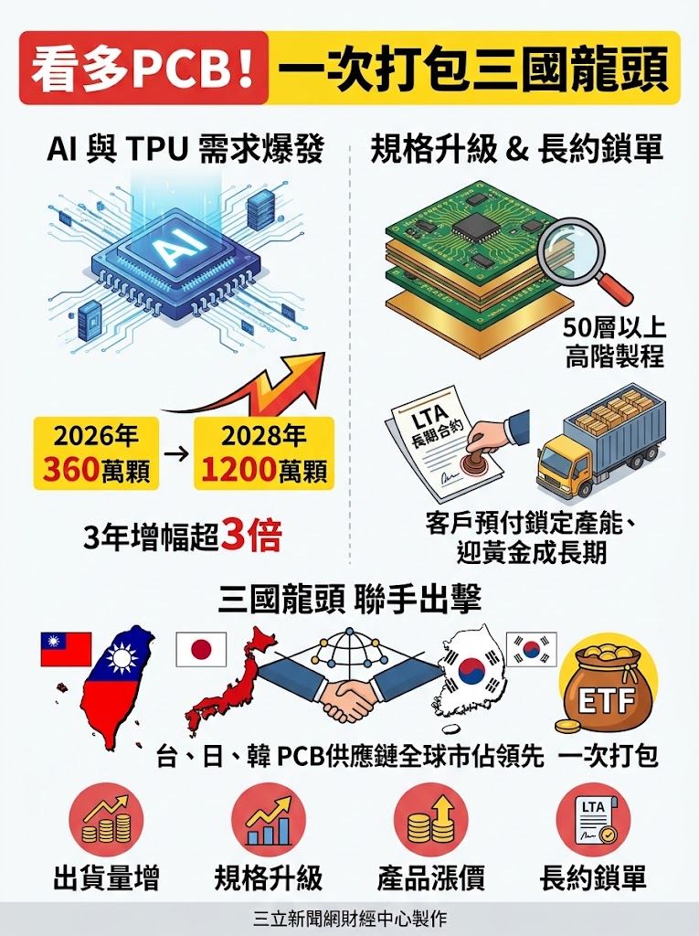 外資全面看多全球PCB與CCL產業前景,在AI伺服器與Google TPU出貨量預估將從2026年360萬顆大幅成長至2028年1,200萬顆的帶動下,規格升級與長約鎖單效應顯現,迎來黃金成長期。(AI製圖)