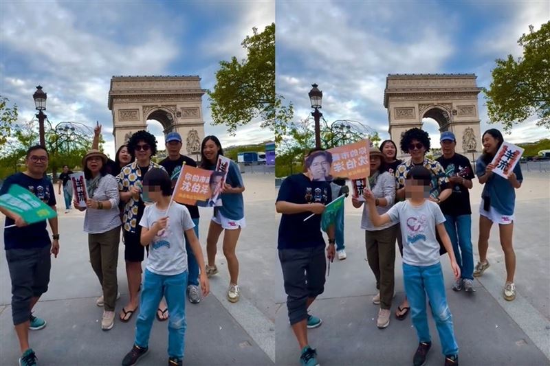 有人在巴黎的台灣民眾,在凱旋門前高呼「台北順起來」,跨海呼應沈伯洋匯聚12萬人的競總成立大會。(Threads@boupama授權提供)