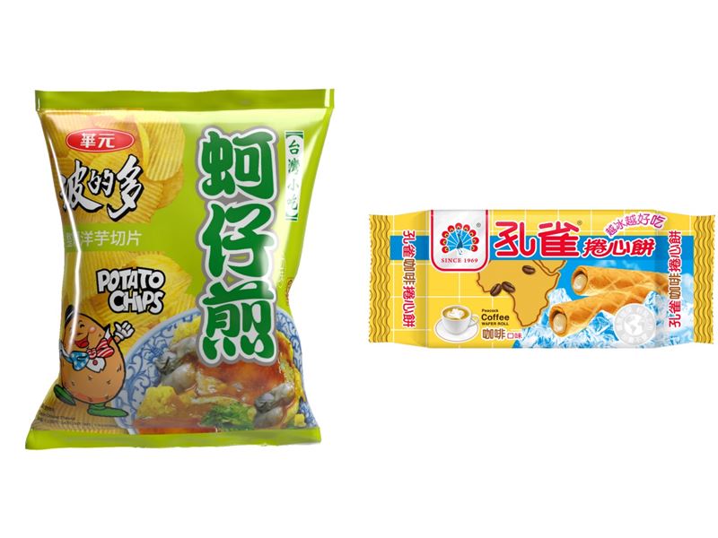一名網友看到台灣零食「蚵仔煎洋芋片」及「孔雀捲心酥」推薦,表示自己已經被種草。(圖/翻攝自華元食品、乖乖官網)