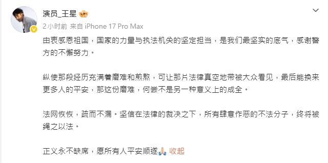 王星事隔1年後,首度貼文以較長篇幅回述這場人生劫難。(圖/翻攝自王星微博)