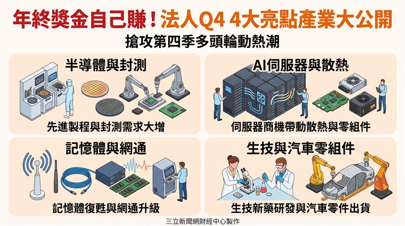 本土法人釋出第四季台股投資展望，資金正朝多領域輪動。報告顯示，台積電等權值股受惠先進製程，獲利估創高；散熱與PCB供應鏈迎伺服器商機，爆發力強。加上記憶體谷底翻揚，生技與車用亦現轉機。整體配置兼顧高成長與防禦性，凸顯台股各次產業尋求紅盤契機的潛力。（AI製圖）