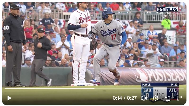 國聯分區系列賽G4大谷翔平跑回追平分。(圖/翻攝自X平台 @MLB)