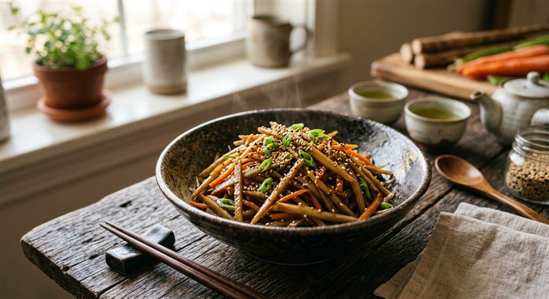 牛蒡營養價值高,富含膳食纖維及多種植化素,營養師老辜分享3種吃法,包括切絲快炒、切片泡茶及燉煮湯品,日常就能輕鬆攝取。(示意圖/AI製圖)