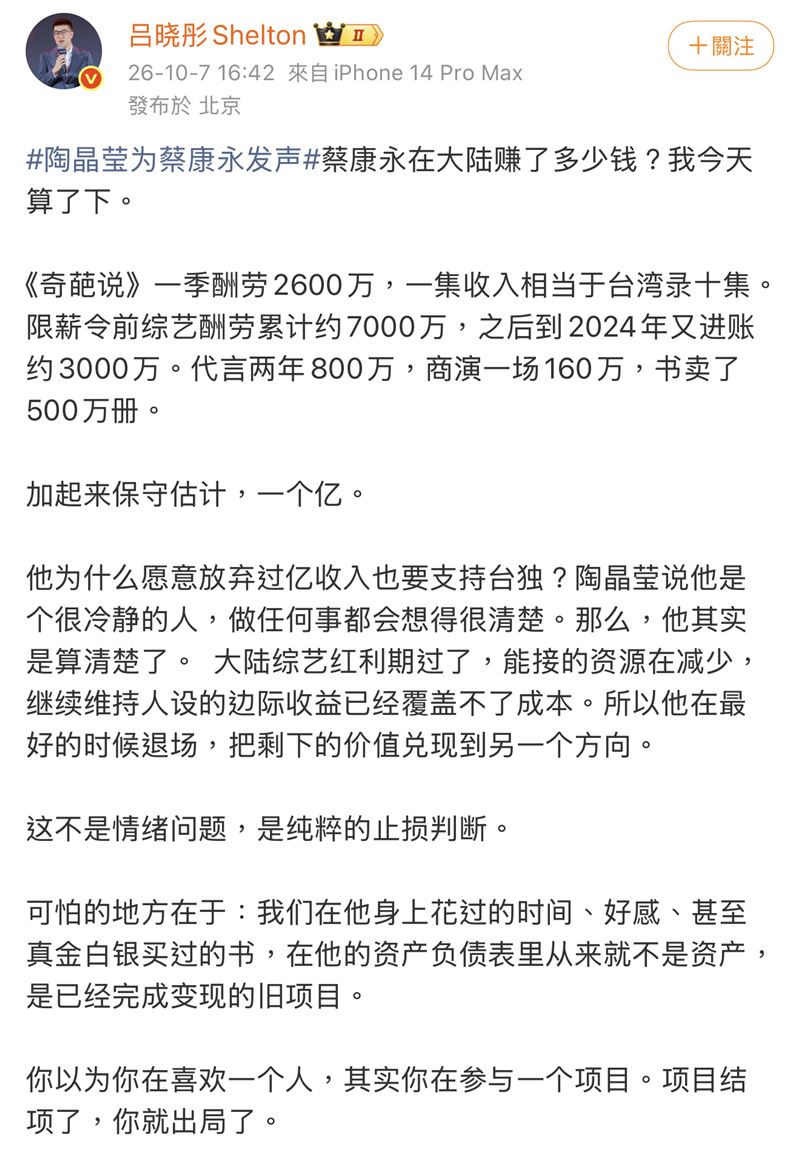 呂曉彤發文推估蔡康永收入。(圖/翻攝自微博)