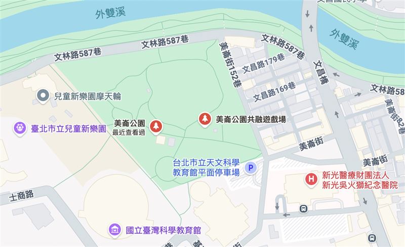 美崙公園附近的地方知情人士表示，公園鄰近天文館、科教館及兒童新樂園，每逢假日大量遊客開車前往。（翻攝自Google Maps）