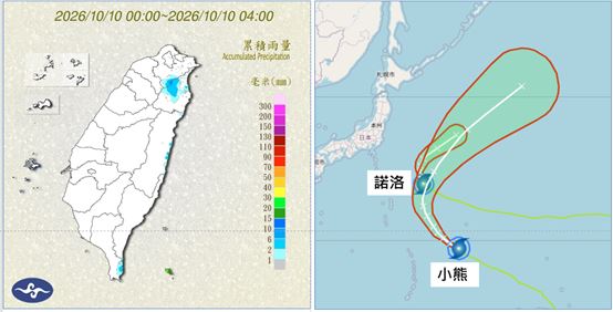 最新氣象署「颱風路徑潛勢預測圖」顯示,第27號輕颱「諾洛」在日本東方海面,向北北西進行。第28號中颱「小熊」則在「諾洛」東南方,向西北進行;兩者皆持續在大迴轉的路徑上。(圖/老大洩天機)