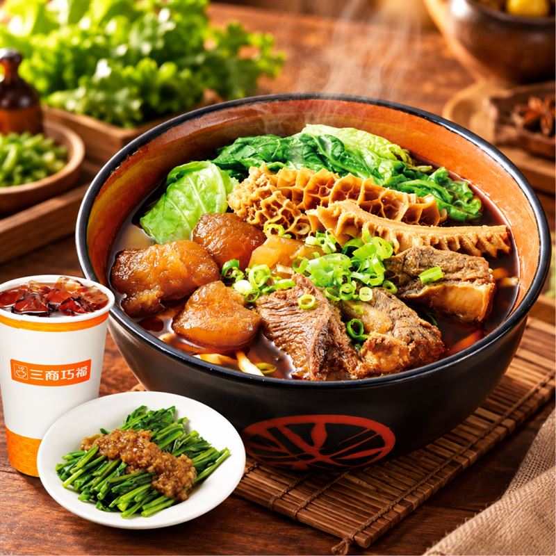 三商巧福牛三寶牛肉麵搭配芝麻牛蒡絲與中杯飲料,原價290元,特惠價189元,會員限定65折享受豐富好滋味。(圖/品牌業者提供)