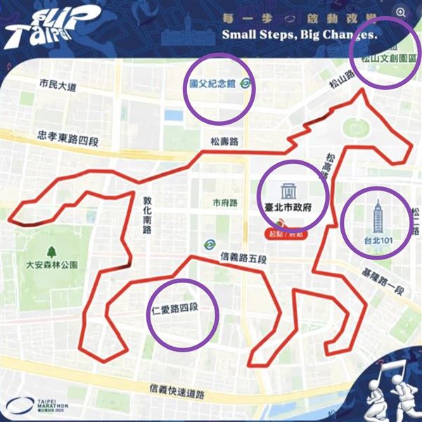 臺北馬拉松宣傳文宣爆出重大烏龍,地圖上多處路名和地標錯置(紫圈處),引發跑者與民眾強烈質疑。(圖/翻攝自臺北馬拉松Taipei Marathon臉書)