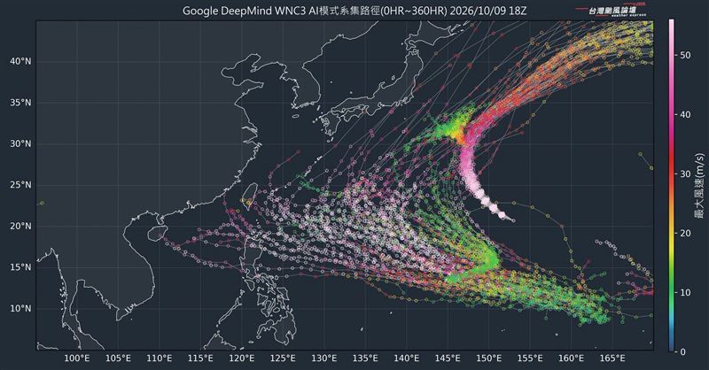 關島可能有新熱帶擾動,部分路徑預報將北轉,部分則是可能向西移動朝台灣附近靠近,目前不確定性大須再觀察。(圖/翻攝自台灣颱風論壇|天氣特急臉書)