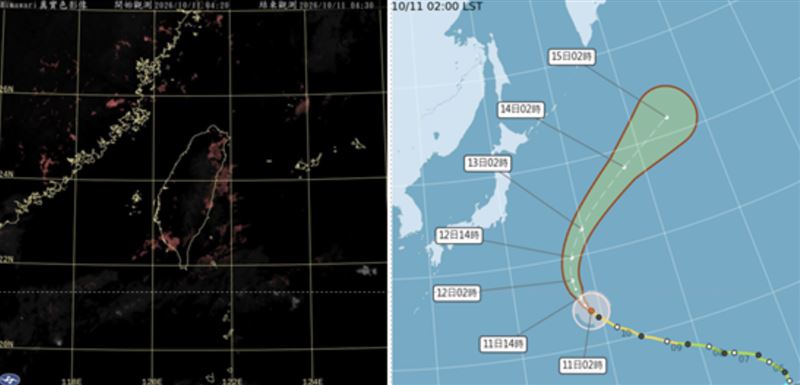 左圖:今(11日)晨4:20真實色雲圖顯示,東側有稀疏低雲。右圖:最新(11日2時)氣象署「颱風路徑潛勢預測圖」(右圖)顯示,第28 號中颱「小熊」在日本東南方海面,強度已達顛峯,向西北進行;持續在大迴轉的路徑上。(圖/翻攝自洩天機教室官網)