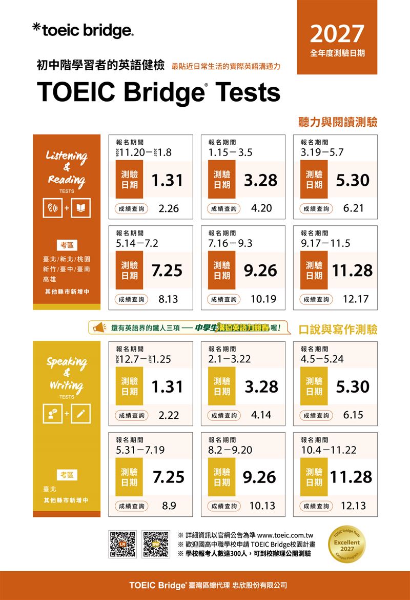 2027年TOEIC Bridge測驗日期，考生可提前規劃明年度英語力檢測時程。（圖／忠欣公司提供）