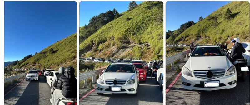 民眾紛紛湧進合歡山武嶺,白色賓士違停路中央,導致車流回堵,超過200台車被堵住無法出去。(圖/翻攝Threads@oceanstar0730)