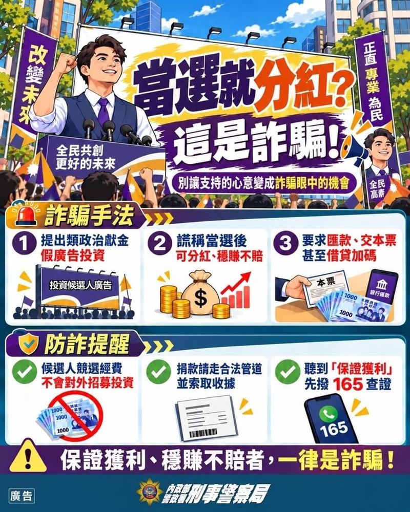 警政署刑事局11日提醒,詐騙集團搶搭選舉熱潮,推「參選人政治廣告假投資」話術詐騙民眾,有名高雄車廠王姓老闆因此財損新台幣上百萬元。(刑事局提供)
