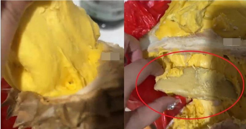 大陸驚傳不肖業者賣假榴槤,消費者剖開榴槤發現裡面竟有馬鈴薯充數。(圖/翻攝自微博/中國青年報)