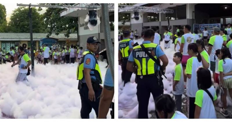 菲律賓卡烏延南中央學校舉辦泡泡趣味路跑,終點泡泡區卻發生漏電意外,造成2死2傷。(圖/翻攝自Thread@_reichang)