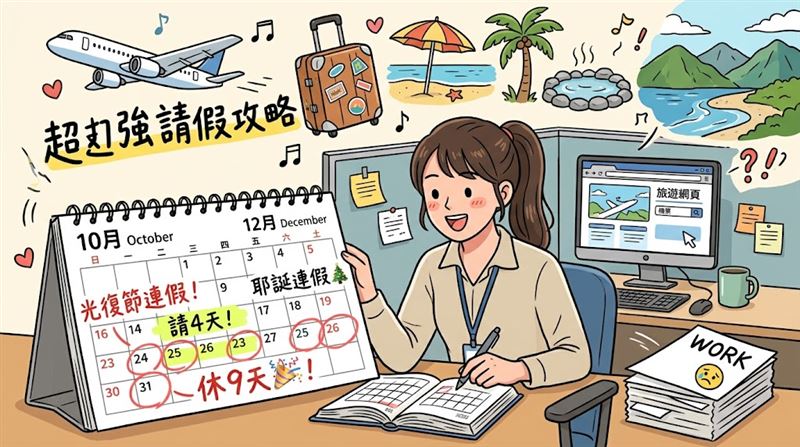 10月25日光復節因逢週日,10月26日將補假一天,形成10月24日至26日的3天連假,且完全不用補班。(示意圖/AI生成)
