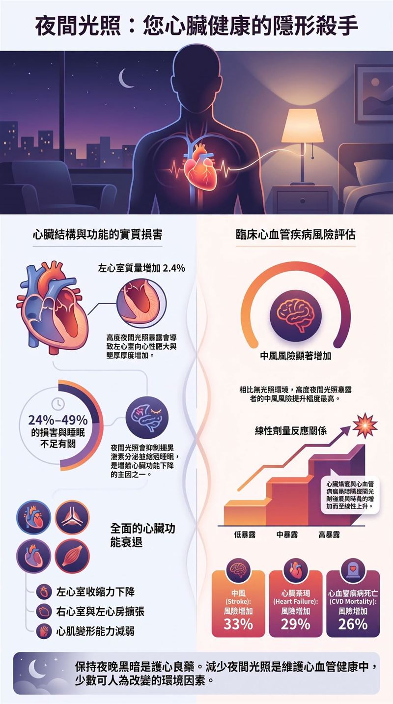 振興醫院示警,最新的頂尖醫學研究:睡眠時哪怕只是極其微弱的光線照射,都可能在不知不覺中悄悄改變你的心臟結構,讓心臟「又厚又僵硬」!(圖/翻攝自振興醫院臉書)