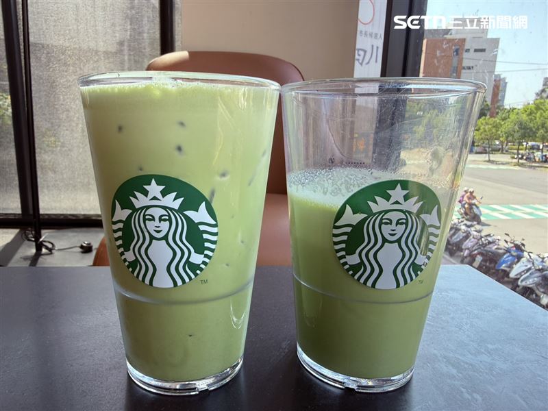 抹茶那堤去冰後，目測液體高度甚至不到半杯，即使連上層奶泡一起計算，也才勉強達到半杯高度。（圖／記者李育道攝影）