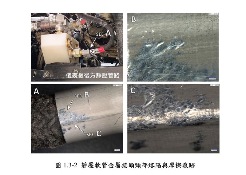 靜壓軟管金屬接頭頸部熔陷與摩擦痕跡。(圖/運安會提供)