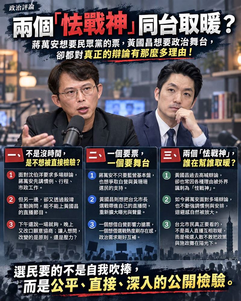 兩個「怯戰神」同台取暖?蔣萬安想要民眾黨的票,黃國昌想要政治舞台,卻都對真正的辯論有那麼多理由!(圖/翻攝自聲量看政治臉書)