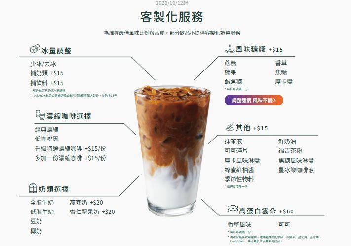 星巴克客製化新制正式上路,少冰、去冰後補奶、加料等等,每項需額外支付15元。(圖/翻攝自星巴克官網)