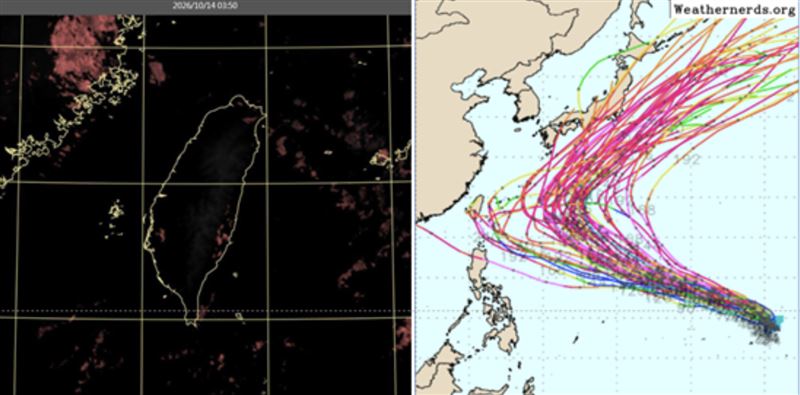 左圖:今(14日)晨3:50真實色雲圖顯示,各地晴朗。右圖:最新(13日20時)歐洲(ECMWF)模式系集模擬顯示,下半週關島東方海面有熱帶擾動發展,其未來行徑大多在日本南方海面、向東北大迴轉。(圖/翻攝自洩天機教室官網)