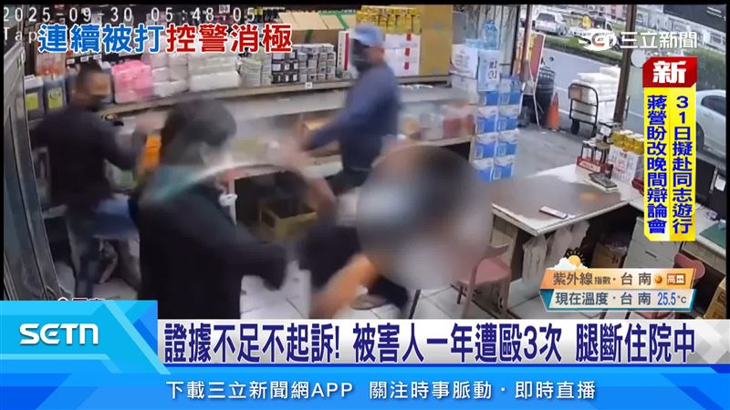 兩名男子佯裝購物,隨後持棍棒攻擊業者,短短30秒就打完逃逸。沒想到相隔約1個半月,又有多名男子衝進店內,對業者拳打腳踢