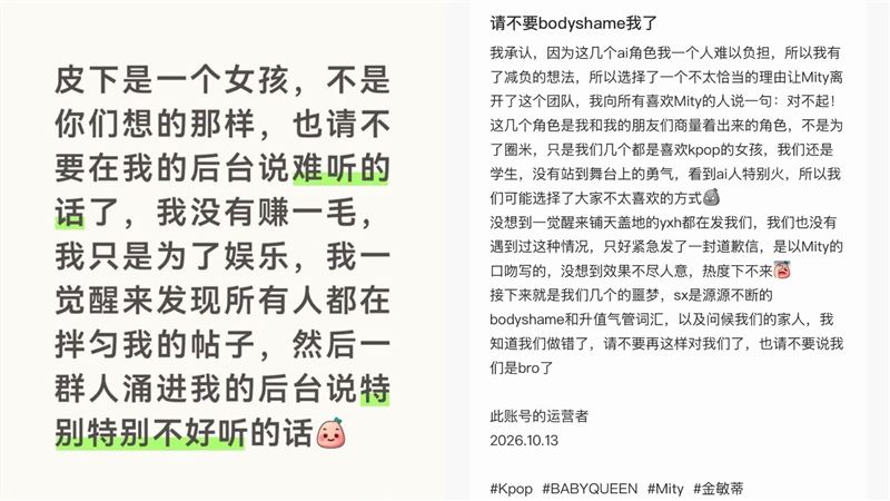 創作者發文透露團隊僅是熱愛K-POP的女學生,坦言選錯方式並懇求外界停止攻擊。(圖/翻攝自小紅書)
