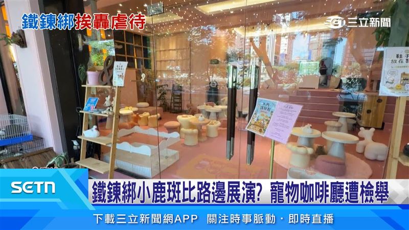 高雄一隻梅花鹿被鐵鍊綁在草地樹旁，引發民眾不捨並向動保處檢舉，質疑業者利用動物與民眾互動賺錢