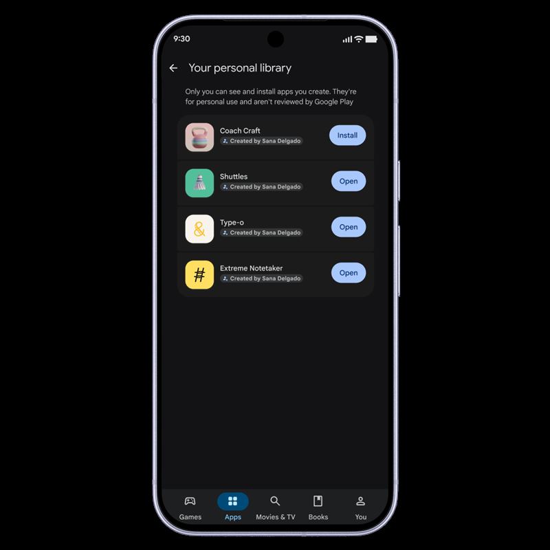 使用者透過 Google Play 的整合功能,在 Android 手機上以 vibe coding 打造的客製化聯賽應用程式。(圖/Google提供)