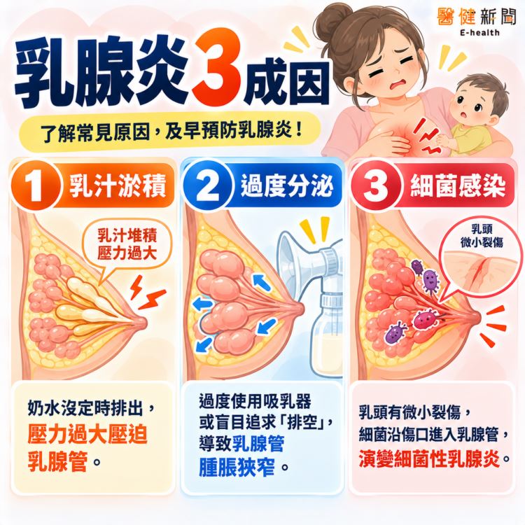 為什麼會有乳腺炎？乳腺炎「3成因」了解常見原因，及早預防乳腺炎。（圖／醫健新聞網提供）