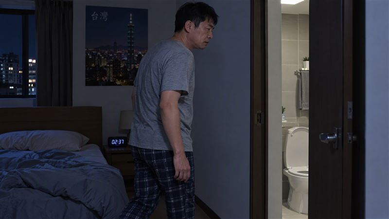 白天排尿正常，睡前卻一直想上廁所？泌尿科醫師陳忠佐指出，夜尿原因包括尿量增加、膀胱敏感、攝護腺問題及睡眠障礙，若影響生活應就醫檢查。（示意圖／AI製圖）
