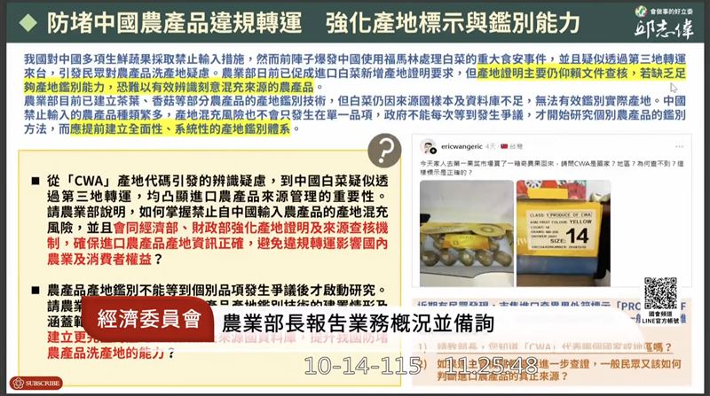 民進黨立委邱志偉今(14)日在立法院質詢時,當場詢問農業部長陳駿季「CWA」是哪裡,陳坦言不清楚。(圖/翻攝自YouTube-國會頻道)