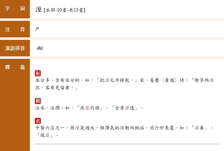 「溼」可用作形容詞、動詞，亦可作為名詞。（圖／翻攝自教育部編國語辭典修訂本）